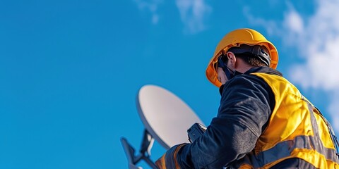 a worker installing a tv satellite dish on a house