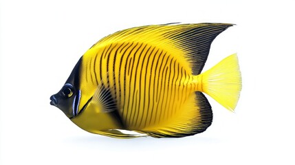 captivating butterflyfish known for its vivid yellow and black stripes glides gracefully against a clean white background highlighting its unique features and beauty.