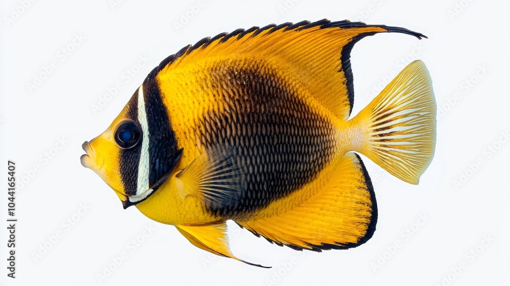 Poster butterflyfish displays its vibrant yellow and black hues while resting motionlessly on a clean white