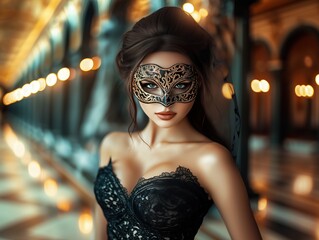Glamorous woman in a lace dress wearing an ornate mask at a masquerade ball