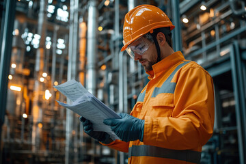 An engineer in a protective helmet with documents in his hands at a hazardous production facility conducts an inspection. Heavy industry concept.