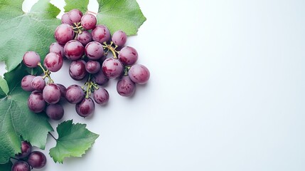 Fresh red grapes with green leaves on a white background.