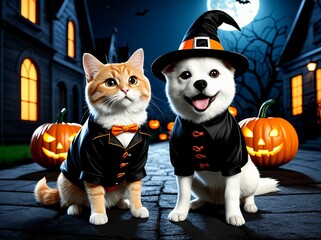 Fototapeta premium 3D Illustration of Adorable Dogs and Cats Wearing Halloween Costumes, in a Spooky Halloween Night Background.