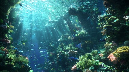 Fototapeta premium Subaquatic Symphony: Vibrant Reef Ecosystem Teeming with Diverse Fish Life and Colorful Coral Formations in Exquisite Detail