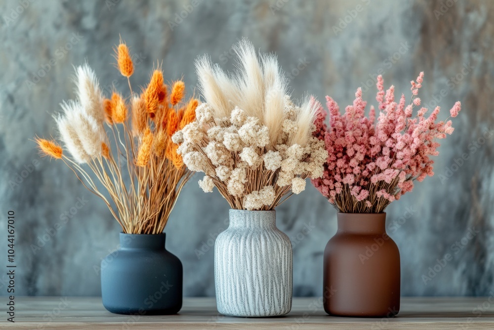 Poster a collection of fluffy dried flowers in three vases brightens the apartment's interior, adding charm