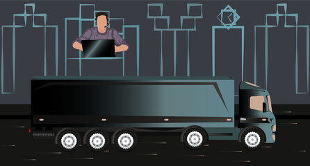 men in a office, working in call center,logistics, fast express,computer, businessman vector,book and copybook in a table, coffee, mouse, headphone, letter, phone, search, clock, pen, delivery, truck