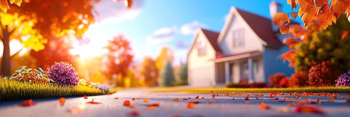 3D animated cartoon real estate concept with home in the autumn