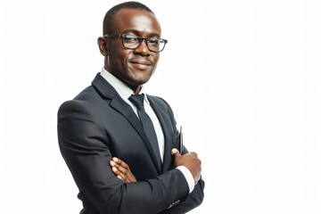 Young businessman is standing with his arms folded, wearing a suit and glasses and smiling subtly