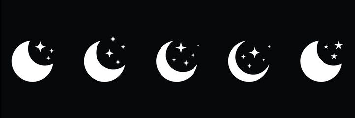 Set of crescent moon icon collection with sparkle stars. Half moon stars. night or dark mode symbol. Vector Illustration.