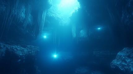 Obraz premium Subaquatic Serenity: Enigmatic Bioluminescent Creatures Dance in Ancient Deep-Sea Trench | Ultra-Detailed Underwater Exploration Photo