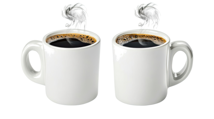 Two White Ceramic Coffee Cups With Steam and Black Coffee Isolated Generative AI