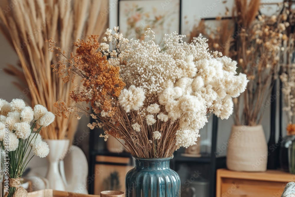 Poster fluffy dried flowers in various hues create a vibrant display in a stylish vase, adding charm to the