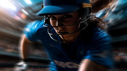 A female cricket player runs towards the camera in a blur of motion.