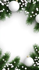 A Christmas tree branch features elegant white ornaments and accents against a clean backdrop, perfect for minimalist holiday design