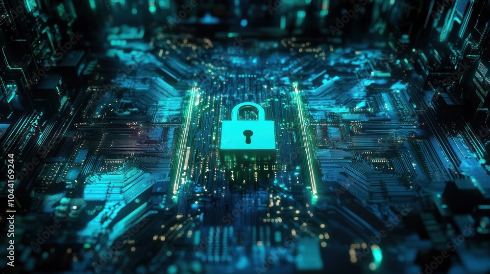 Poster a digital lock symbol on a circuit board, representing cybersecurity and data protection.