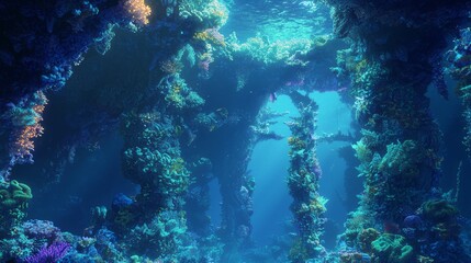 Fototapeta premium Mystical Underwater World: Vibrant Marine Life on Towering Rock Formations in Deep Sea, Ultra-Detailed Scenery