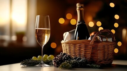 Obraz premium A champagne glass filled with bubbly sits on a table next to a basket filled with gifts and a bottle of champagne.