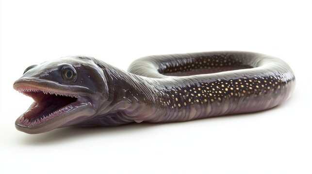 representation highlights hagfish unique marine species known for its eel like shape and slimy texture depicted in vivid detail on a stark white background.