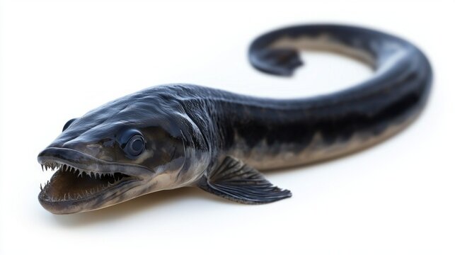 Hagfish Myxini is displayed against white backdrop highlighting elongated eel like body distinctive jaw structure and numerous sharp teeth emphasizing its fascinating appearance.