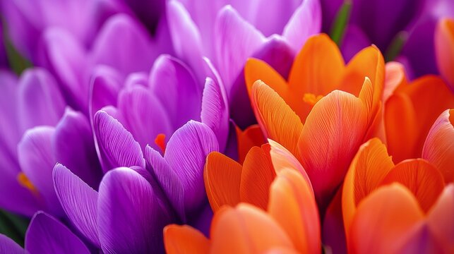 Delicate purple and orange crocus flowers blooming in a vibrant spring garden. Bright petals add beauty to nature. Close-up shot captures intricate details of blooming flora