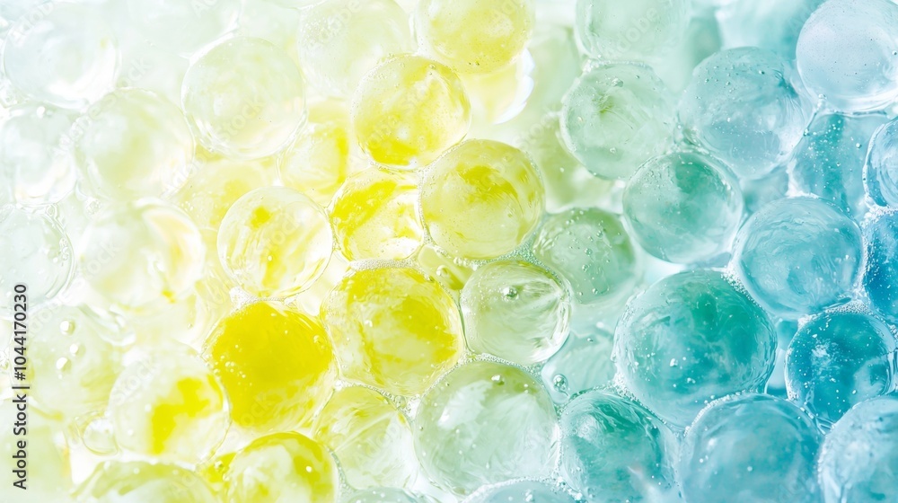 Poster abstract background with transparent spheres gradually changing color from yellow to blue, resemblin