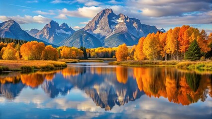 Obraz premium Scenic view of Oxbow Bend with Mount Moran and autumn foliage