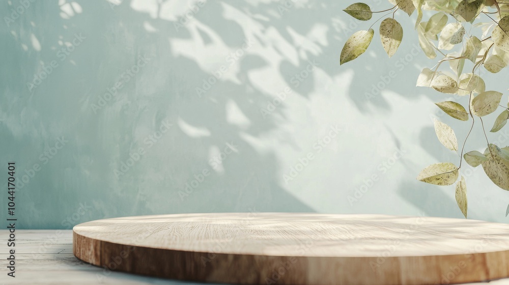 Aufkleber minimal empty round wooden podium displaying on wooden table with natural concept of leaf shadow on 
