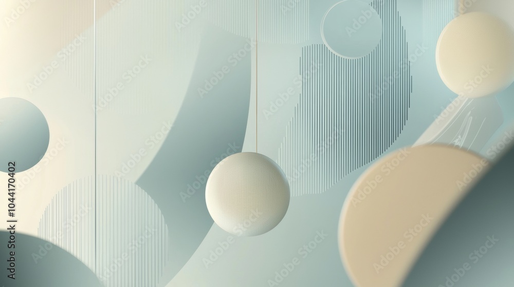 Poster Minimalist 3d rendering featuring spheres hanging from thin strings and curved shapes with lines, creating a serene and elegant atmosphere