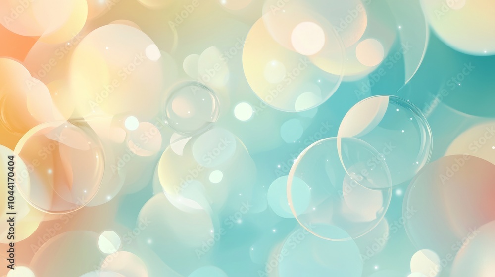 Poster abstract background with transparent colorful bubbles floating in a soft gradient, creating a dreamy