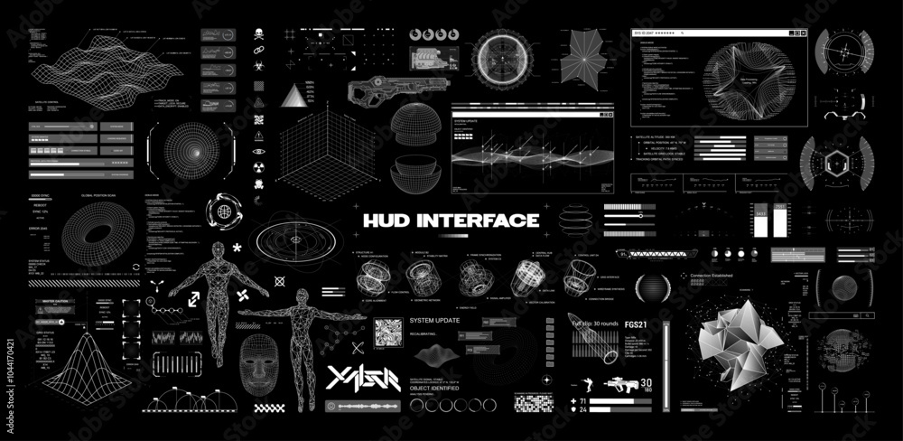 Fototapete futuristic hud interface collection, with 3d objects, wireframes, charts, geometric shapes. gui holo