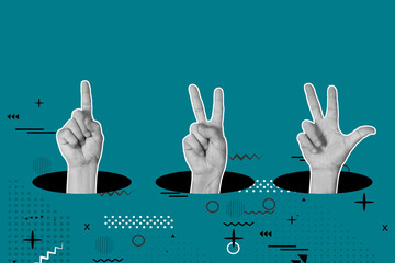 Man fingers doing numbers gestures coming out of black holes on a blue background