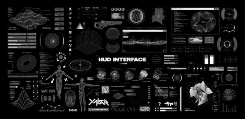 Futuristic HUD interface collection, with 3D objects, wireframes, charts, geometric shapes. GUI holograms wireframes, polygonal style, 3D objects and HUD, UI, games elements. Sci-fi vector graphic set