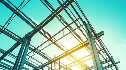 Fototapeta premium A steel framework under a blue sky, capturing construction and structural design.