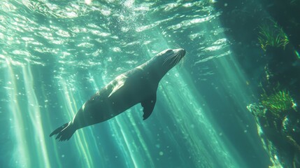 Beneath the Waves: Playful Sea Lion Swimming with Diver in Deep Sea Adventure - Ultra-Detailed Underwater Exploration Photography Capturing Marine Interactions and Beauty