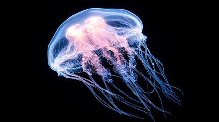 Obraz premium Illuminated Deep-Sea Jellyfish: Mesmerizing Ultra-Detailed Marine Organism in the Abyssal Darkness