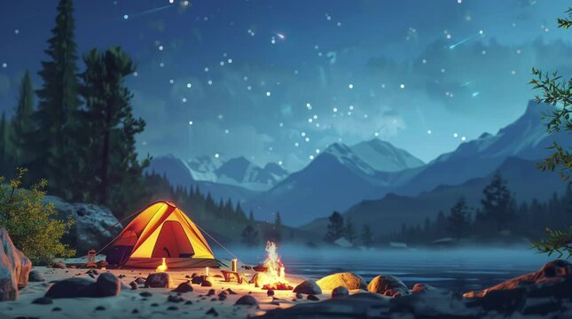Tent and bonfire by lake under starry night sky creating peaceful camping atmosphere
Seamless looping 4k time-lapse virtual video animation Generated AI