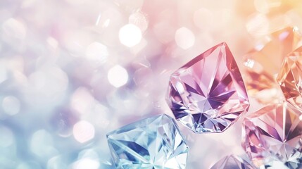 Shiny diamonds sparkle on glossy surface with colorful lighting, evoking glamour and romance for love, weddings, and celebrations