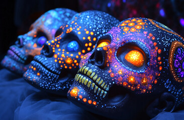 Day of the Dead. halloween. A person in makeup for the day of the dead. The skull mask. A dead man's mask. A colored skull mask. A black and white grimm of a dead man. Skeleton dolls. The witch 