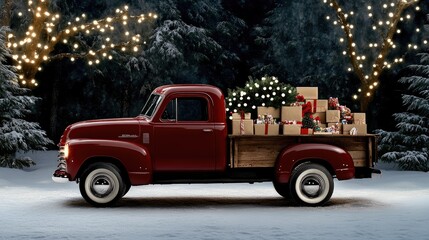 A red truck adorned with Christmas decor stands in a snowy landscape, showcasing festive cheer with a vintage sled in the bed
