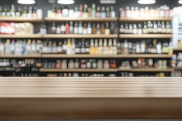 Empty wooden table with blurred Alcohol bottles on modern store