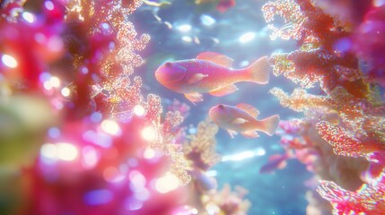 Naklejka premium Majestic School of Colorful Fish Swimming Through Vibrant Coral Garden in Deep Sea, Creating Dynamic Movement