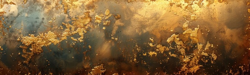 Rusty metal surface with gold paint and some rust, banner, copy space