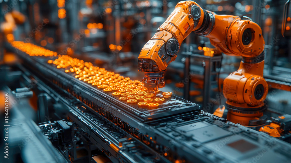 Poster a futuristic robotic arm assembling glowing coins on a high-tech production line in an industrial fa