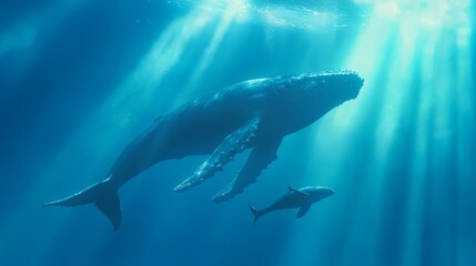 Fototapeta premium Graceful Humpback Whale and Calf in Deep Sea - Captivating Underwater Marine Life Scene