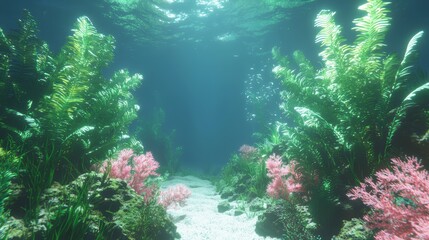 Obraz premium Enchanting Deep Sea Coral Garden - Serene Underwater Vista with Vibrant Sea Life and Soft Currents, Ultra-Detailed Photography