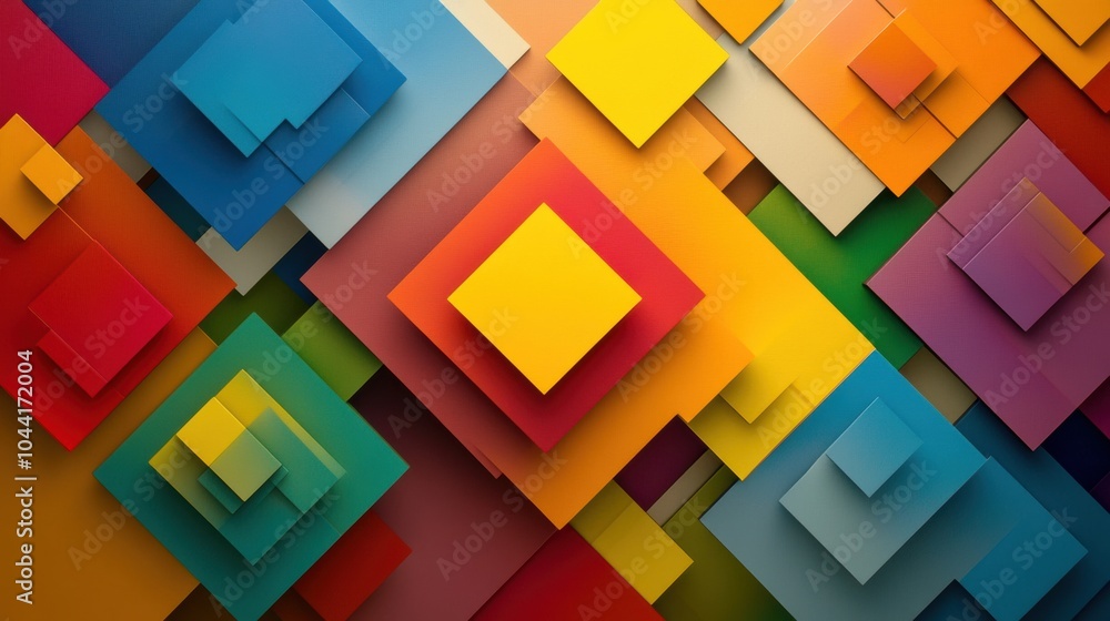 Poster The artwork showcases a dynamic arrangement of squares and rhombuses layered with various shades, creating a vibrant geometric composition. Generative AI