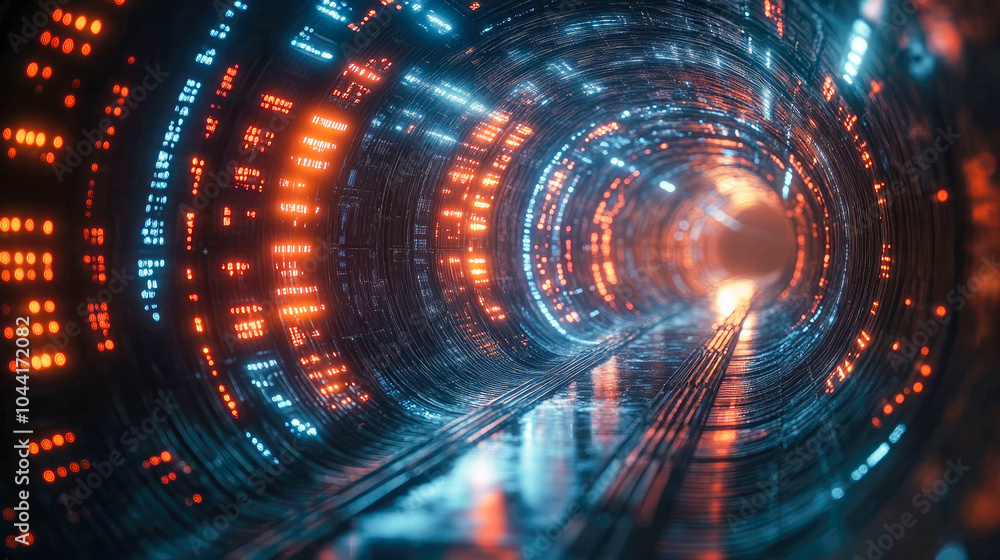 Poster futuristic tunnel with glowing red and blue binary data flowing along its walls, representing data t