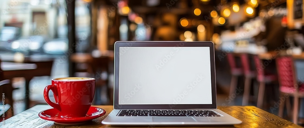 Poster the image shows a modern laptop with a blank screen on a table in a smart city office setting with a