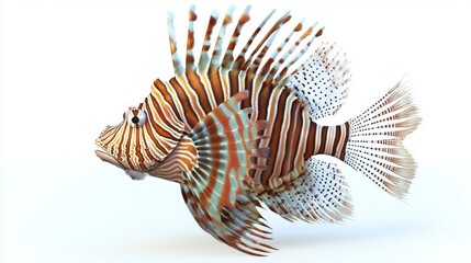 lionfish Pterois showcases its striking fins and vibrant coloration against a clean white background illustrating its natural beauty and unique aquatic traits.