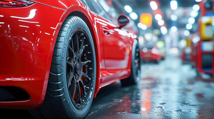 Close-up of a red sports car wheel in a modern garage. The scene captures the shiny black rim and tread, highlighting precision and luxury in automotive design